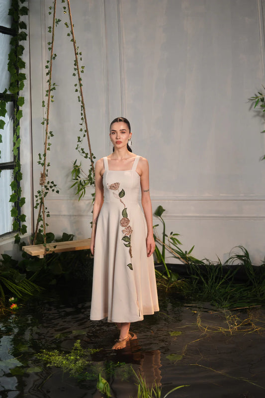 caia beige flower embroidered dress