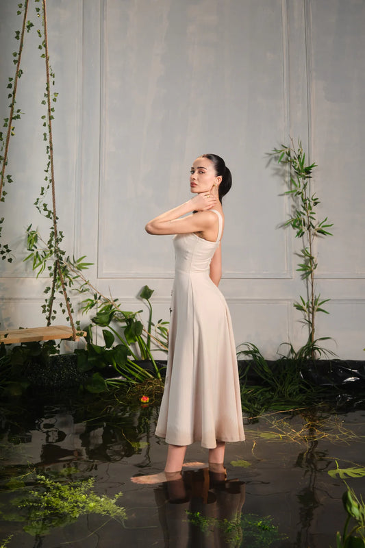 caia beige flower embroidered dress